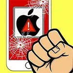 A clenched fist appears next to a cracked smartphone screen displaying an Apple logo and a warning symbol, set against a bright yellow background