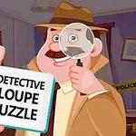 A whimsical cartoon detective in a tan trench coat and fedora, holding a magnifying glass and a puzzle box labeled DETECTIVE LOUPE PUZZLE, set against a backdrop of a room with police tape