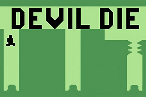 Green pixel-art scene with blocky trees and a small black silhouette character beneath the large text DEVIL DIE