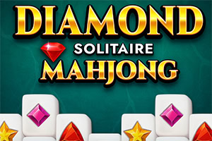 Bold text displaying DIAMOND SOLITAIRE MAHJONG with diamond and gem graphics on a teal background, featuring colored gems in pink, yellow, and red