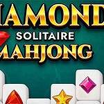Bold text displaying DIAMOND SOLITAIRE MAHJONG with diamond and gem graphics on a teal background, featuring colored gems in pink, yellow, and red