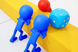 A pair of blue stick figure characters leaning against a yellow bar, with a red ball and a blue die nearby