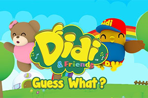 The image features colorful cartoon characters, including a bear and a bird, set against a bright, cheerful background with green trees and a rainbow, along with the title Didi & Friends: Guess What?