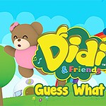 The image features colorful cartoon characters, including a bear and a bird, set against a bright, cheerful background with green trees and a rainbow, along with the title Didi & Friends: Guess What?