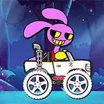 A cartoon rabbit with a mischievous grin drives a colorful, modified vehicle through a whimsical forest background, featuring vibrant colors and a playful atmosphere