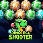 A colorful game interface featuring a green dinosaur character and various pastel-colored dinosaur eggs, with the title Dino Egg Shooter prominently displayed at the bottom