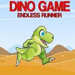 A cartoon green dinosaur runs across a desert landscape under the title DINO GAME ENDLESS RUNNER in bold red letters, showcasing a playful endless runner game theme