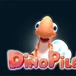 A cheerful cartoon dinosaur with large eyes and a friendly smile, accompanied by a blue egg, is featured against a dark background, with the playful title DinoPiler displayed in colorful, bold letters