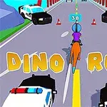 A colorful game scene featuring a character riding a dinosaur down a road, with police cars on either side and a sign displaying the speed of 38, under the title Dino Rush