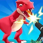 A vibrant cartoon dinosaur, resembling a T-Rex, is energetically shooting a laser from its mouth towards a futuristic gun, set against a bright blue background with dynamic light effects