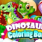 A vibrant and playful image featuring cartoon dinosaur characters, including a green dinosaur and a bird, with the text Dinosaurs Coloring Book prominently displayed in a colorful, fun font