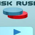 An image featuring the title DISK RUSH at the top, with a blue and red disc stacked on top of each other and a play button below, set against a light background