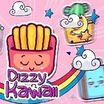 A colorful, playful graphic featuring a smiling cartoon French fry character surrounded by whimsical jars and clouds, with the text Dizzy Kawaii prominently displayed