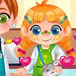 A cheerful young doctor and a smiling girl with bright orange hair and colorful clips, both in playful clothing, are surrounded by love hearts in a colorful, cartoonish setting