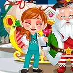 A cheerful nurse and Santa Claus pose together in a winter scene, with a sleigh and a reindeer, surrounded by hearts and snow, conveying a festive holiday spirit