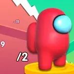 A bright red character with a round body and large blue eye, standing on a yellow platform, surrounded by colorful graphs and numeric indicators representing scores