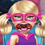 A cartoon character resembling a young girl in a pink superhero mask is sitting in a dentist chair, with her mouth open wide, revealing a colorful array of candy inside, set against a vibrant, playful background