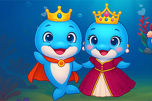 A pair of cartoon dolphins, one wearing a crown and a cape, and the other adorned with a crown and a royal dress, are smiling and posing together underwater amidst colorful corals