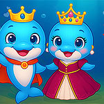 A pair of cartoon dolphins, one wearing a crown and a cape, and the other adorned with a crown and a royal dress, are smiling and posing together underwater amidst colorful corals