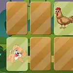 A game board featuring cartoon-style cards, including an illustrated dog and a chicken, set against a colorful, whimsical background with trees and a night sky