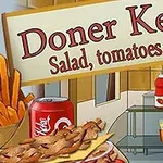 An illustration featuring a doner kebab with salad, tomatoes, and onions, complemented by french fries, a can of soda, and colorful condiment bottles displayed in a food stall setting