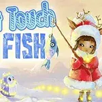 A whimsical winter scene featuring a young girl dressed in a red and white outfit, holding a fish on a fishing line, accompanied by cute penguin-like characters, with the playful title Dont Touch My Fish prominently displayed