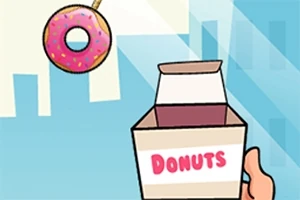 An animated illustration featuring a hand holding an open box labeled DONUTS, with a colorful donut hanging above it against a cityscape background