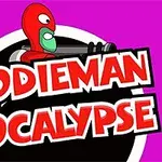 The image features a cartoon character with a red and green design holding a weapon, set against a bright pink background, with the bold text DOODIEMAN APOCALYPSE prominently displayed