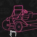 A stylized pink outline illustration of a vintage car on a dark background featuring subtle patterns of various classic vehicles