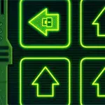 The image features a futuristic green control panel displaying four directional arrows, with one arrow pointing left and a C symbol inside it, all set against a dark grid background