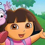 A cheerful young girl with brown hair and a pink backpack is joyfully posing with a playful blue monkey on her shoulder, set against a vibrant, green landscape