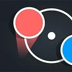 A minimalist graphic featuring two overlapping circles, one red and one blue, connected by a white outline against a dark background, with a central dot and subtle shadows enhancing the design