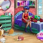 A brightly colored bedroom featuring a girl in a red dress and mask, sitting on a green bed with scattered toys, trash, and school supplies, alongside a colorful dresser and window with a heart-shaped decor