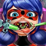 A cartoon character with blue hair and a ladybug costume is sitting in a dentists chair, showing her open mouth while a syringe and medical tools are used to examine her throat, set against a colorful medical background