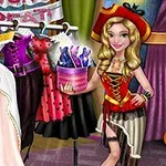 A young girl dressed as a pirate stands beside a rack of colorful dresses, showcasing various styles, including a white dress and purple outfits, while holding a basket with accessories, all set in a vibrant and playful room