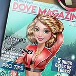 A colorful magazine cover featuring a stylish, animated woman in a red outfit, titled Dove Magazine, with bold text highlighting features like Photos for Magazines and 5 Quick Dress Up Looks
