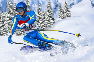 A skier in a blue racing suit glides down a snowy slope, kicking up powdery snow against a backdrop of pine trees and mountains