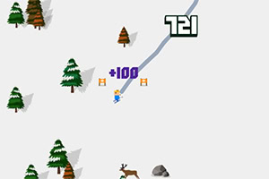 A retro-style video game scene depicting a skier navigating a snowy landscape with pine trees, obstacles, and a scoring system