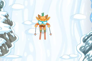 Cartoon character with orange hair wearing blue goggles and skis, hovering in a snowy canyon with icy cliffs and falling snow