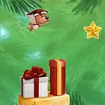 A cartoon dog wearing a Santa hat is flying near a gold star, surrounded by colorful presents stacked on a background of green holiday-themed foliage