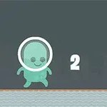 A cute green cartoon character in a space helmet walks on a wavy ground, with the number 2 displayed above it against a simple gray background