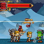A group of pixelated characters, including a king, warriors, and a green creature, stand in a snowy landscape while displaying health bars and critical damage text