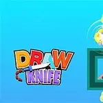 The image features a colorful game interface with the title Draw Knife on the left, and an animated scene showcasing a knife and a target within a green box, set against a bright blue background with playful visual elements