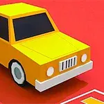 A bright yellow, stylized cartoon car with a simplistic design and a red background