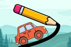 A cartoon-style orange car is being drawn by a pencil with a pink eraser against a soft, scenic background of hills and trees