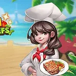 A cheerful cartoon chef in a white uniform and hat presents a plate of steak, with the games logo Dream Chefs prominently displayed in a colorful, beachside setting