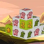 A colorful set of stacked game cubes featuring cartoon images of pigs, snakes, and stars, set against a scenic mountain landscape