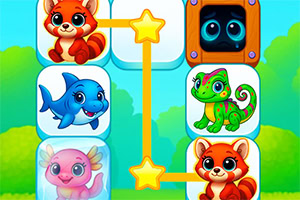 A colorful game board featuring cute cartoon animals, including a red panda, a dolphin, a chameleon, and a pink dragon, arranged in tiles with a star connection and a vibrant background of greenery