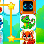 A colorful game board featuring cute cartoon animals, including a red panda, a dolphin, a chameleon, and a pink dragon, arranged in tiles with a star connection and a vibrant background of greenery