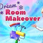 A stylized character with blonde hair and a blue dress stands against a colorful background, promoting a game titled Dream Room Makeover, featuring paint tools and a playful theme